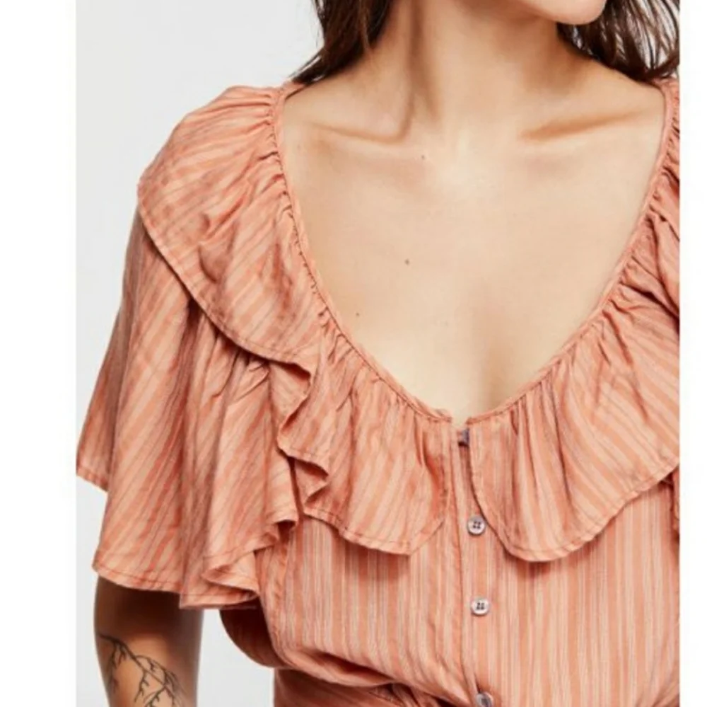 FREE PEOPLE Rosemary Ruffle Peasant Boho Tie Front Top Coral Stripe NWT